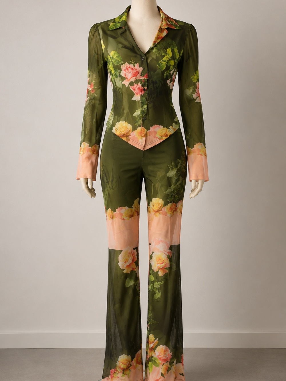 Endless Moon Floral Olive Green & Blush Women's two piece mesh set